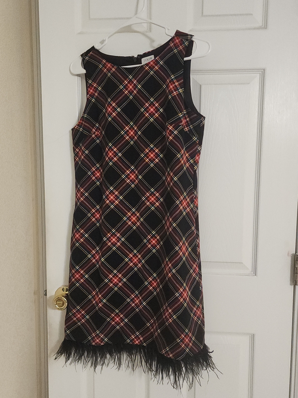 J. Crew Sleeveless Plaid Feather-Hem Dress in Black and Red